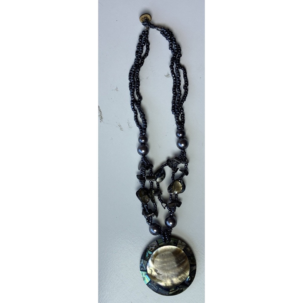 Freshwater & Black Pearl Multi Strand Necklace w/Abalone Pendant (19-4)
